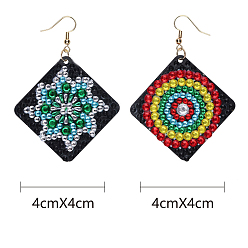 Mixed Color DIY Rhombus Dangle Earring Making Diamond Painting Kits, Mixed Patterns , Mixed Color, Pendant: 40x40mm, 2 pairs/set