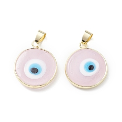 Pink Handmade Evil Eye Lampwork Pendants, with Rack Plating Light Gold Tone Brass Findings, Long-Lasting Plated, Lead Free & Cadmium Free, Flat Round, Pink, 24~25.5x20.5~21x4~4.5mm, Hole: 6x4~4.5mm