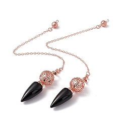 Obsidian Natural Obsidian Dowsing Pendulum Big Pendants, with Rack Plating Rose Gold Tone Brass Findings, Cadmium Free & Lead Free, Cone, 244x2.5mm, Hole: 1.6mm