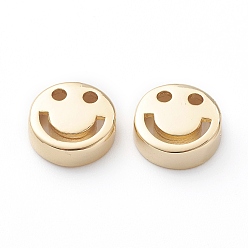 Real 18K Gold Plated Brass Beads, Long-Lasting Plated, Flat Round with Smiling Face, Real 18K Gold Plated, 11x4mm, Hole: 1.8mm