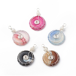 Silver Natural Striped Agate/Banded Agate Pendants, Dyed, with Natural Moonstone Beads and Eco-Friendly Copper Wire Wrapped, Donut/Pi Disc Charm, Mixed Color, Silver, 46.5x30x6.5mm, Hole: 4mm