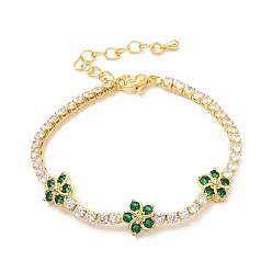 Green Cubic Zirconia Chain Bracelet, Flower Rack Plating Brass Jewelry with Chain Extender & Lobster Claw Clasps for Women, Lead Free & Cadmium Free, Long-Lasting Plated, Real 18K Gold Plated, Green, 7-1/8 inch(18cm)