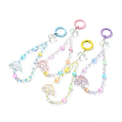 Mixed Color Rainbow Electroplate Transparent Glass Beaded Pendant Keychain, with Alloy Spring Gate Rings and Natural Selenite Beads, Mixed Color, 17cm