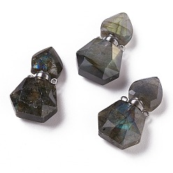 Labradorite Hexagon Natural Labradorite Perfume Bottle Pendants, with 304 Stainless Steel Findings, Faceted, Stainless Steel Color, 27~27.5x16~17x8mm, Hole: 1.4mm, Capacity: 0.1ml(0.00fl. oz)