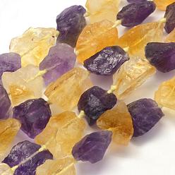 Other Quartz Rough Raw Natural Amethyst and Citrine Beads Strands, Nuggets, 16~24x9~18mm, Hole: 1mm, about 22pcs/strand, 16.5 inch(41.9cm).