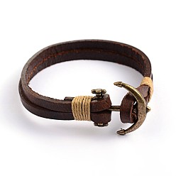 Coconut Brown Leather Multi-Strand Bracelets, with Antique Bronze Alloy Finding, Coconut Brown, 225x10mm