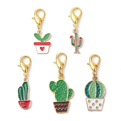 Mixed Color Alloy Enamel Pendant Decorations, with Zinc Alloy Lobster Claw Clasps, Cactus, Mixed Color, 34~45mm, Cactus: 17.5~28x10~17x1.5~2.5mm