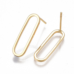 Real 18K Gold Plated Brass Stud Earrings, Nickel Free, Real 18K Gold Plated, Oval, 25x6.5mm, Pin: 0.8mm