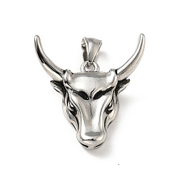 Antique Silver 304 Stainless Steel Pendants, Bull Head, Antique Silver, 35x33x9mm, Hole: 8x5mm
