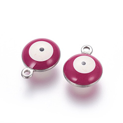 Medium Violet Red 304 Stainless Steel Enamel Charms, Flat Round with Evil Eye, Stainless Steel Color, Medium Violet Red, 11x8x3.5mm, Hole: 1.5mm