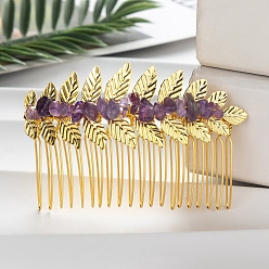 Amethyst Leaf Natural Amethyst Chips Hair Combs, with Iron Combs, Hair Accessories for Women Girls, 45x80x10mm