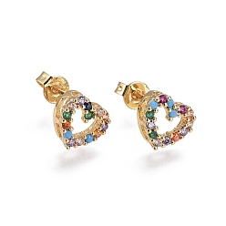 Colorful Brass Micro Pave Cubic Zirconia Stud Earrings, Heart, Golden, Colorful, 8.8x8.3x3.5mm, Pin: 0.7mm