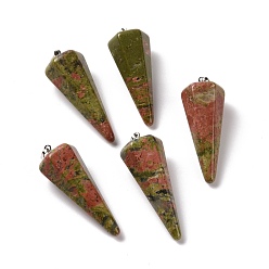 Unakite Natural Unakite Pendants, with Platinum Plated Brass Findings, Faceted, Cone, 35~36x13~14x12~12.5mm, Hole: 2.7x6.5mm