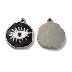 Black 304 Stainless Steel Charms, with Enamel, Flat Round with Evil Eye, Stainless Steel Color, Black, 21x18.5x2.5mm, Hole: 1.4mm