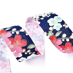 Prussian Blue Japanese Kimono Style Floral Cotton Ribbon, Single Printed, for DIY Hair Bow, Headwear, Handmade Trim, Prussian Blue, 1-1/8 inch(30mm), about 10yards/roll(9.14m/roll)