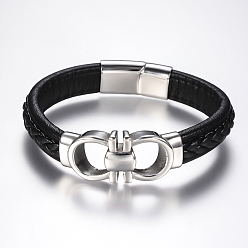 Noir Tressés bracelets cordon en cuir pour hommes, avec 304 accessoires en acier inoxydable et les fermoirs magnétiques, noir, 8-5/8 pouces (220 mm)