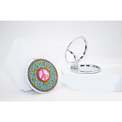 Peace Sign DIY Round Mini Makeup Compact Mirror Diamond Painting Kits, Foldable Two Sides Vanity Mirrors Craft, Peace Sign, 80mm, Mirror: 78mm in diameter