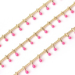 Deep Pink Handmade Enamel Beaded Chains, with Brass Curb Chains, Soldered, with Spool, Long-Lasting Plated, Real 18K Gold Plated, Deep Pink, 5.5x1.5~2mm, about 32.8 Feet(10m)/roll