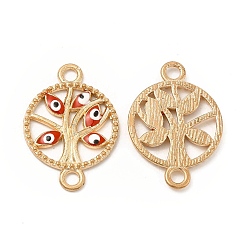 Red Alloy Enamel Connector Charms, Flat Round Tree Links with Evil Eye, Light Gold, Nickel, Red, 23.5x16.5x2mm, Hole: 2mm