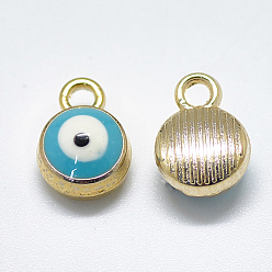 Sky Blue Light Gold Plated Alloy Charms, with Enamel, Flat Round with Evil Eye, Sky Blue, 10x7x4.5mm, Hole: 1.5mm