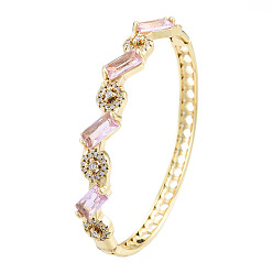 Pink Rectángulo de circonita cúbica y brazalete con bisagras de mal de ojo, joyas de latón chapado en oro real 18k para mujer, rosa, diámetro interior: 2x2-1/2 pulgada (5x6.2 cm)
