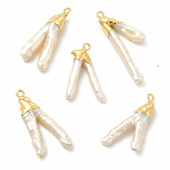Light Gold Baroque Natural Keshi Pearl Pendants, V-Shaped Charms, with Brass Loops, Light Gold, 26~37x13~19x4~7mm, Hole: 1.6mm