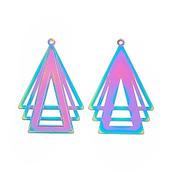 Rainbow Color 304 Stainless Steel Pendants, Etched Metal Embellishments, Triangle Charm, Rainbow Color, 42.5x27x0.3mm, Hole: 1.6mm