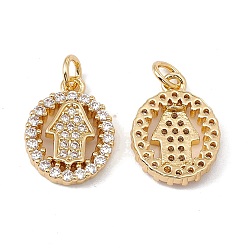 Real 18K Gold Plated Brass Micro Pave Clear Cubic Zirconia Pendants, with Jump Ring, Cadmium Free & Nickel Free & Lead Free, Rack Plating, Oval with Hamsa Hand Pattern, Real 18K Gold Plated, 15.5x12x3mm, Hole: 3mm