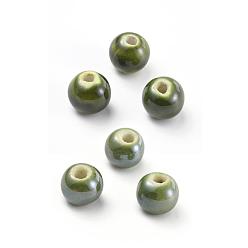 Olive Handmade Porcelain Beads, Pearlized, Round, Olive, 8mm, Hole: 2mm