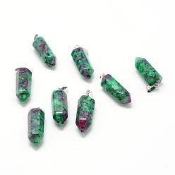 Ruby in Zoisite Synthetic Ruby in Zoisite Gemstone Pointed Pendants, with Platinum Tone Brass Findings, Bullet, 25~26x9x8mm, Hole: 7x3mm