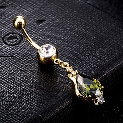 Olive Drab Piercing Jewelry, Brass Cubic Zirconia Navel Ring, Belly Rings, with 304 Stainless Steel Bar, Cadmium Free & Lead Free, teardrop, Real 18K Gold Plated, Olive Drab, 45x12mm, Bar: 15 Gauge(1.5mm), Bar Length: 3/8"(10mm)