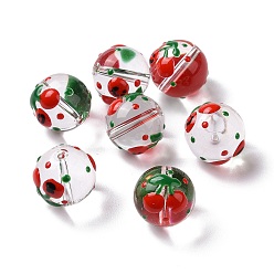 Cereza Perlas de vidrio transparentes, con esmalte, rondo, rojo, patrón de la cereza, 14~15x13~13.5 mm, agujero: 1.5~1.6 mm