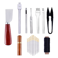 Mixed Color DIY Leathercraft Tools, Including Carbon Steel Knife, 2 & 4 Prong Lacing Stitching Punch, Round Hole Punch, Stitching Groover, Scissor, Sandalwood Handle, Needles, Waxed Thread, Mixed Color, 4.8cm