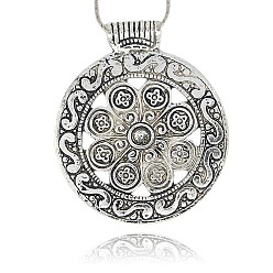 Antique Silver Vintage Tibetan Style Alloy Flat Round with Flower Large Pendants, Antique Silver, 71x61x1mm, Hole: 4mm