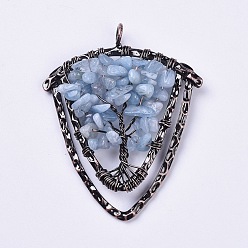 Aquamarine Natural Aquamarine Chip Big Pendants, with Brass Findings, Shield, Red Copper, 57~59x47.5x8mm, Hole: 5mm