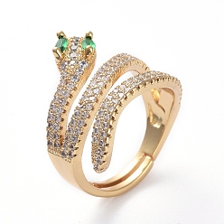 Golden Adjustable Brass Micro Pave Cubic Zirconia Finger Rings, Snake, Golden, Size 6, 16.7mm