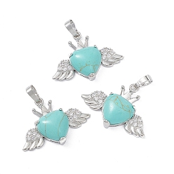 Synthetic Turquoise Synthetic Turquoise Pendants, Heart Charms with Wings & Crown, with Platinum Tone Brass Crystal Rhinestone Findings, 26x35.5x8mm, Hole: 8x5mm