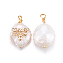 Clear Natural Cultured Freshwater Pearl Pendants, with Brass Cubic Zirconia Findings, Nuggets with Bees, Golden, Clear, 17~26x11~16x5~11mm, Hole: 1.6~2mm