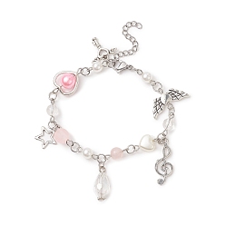 Pink Bracelet à breloques en alliage étoile et cœur et note de musique, bracelet en perles imitation perle acrylique et plastique abs pour femme, rose, 7 pouce (17.8 cm)