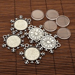 Antique Silver 25x4mm Dome Transparent Glass Cabochons and Christmas Ornaments Antique Silver Alloy Snowflake Pendant Cabochon Settings DIY, Pendant: 43x38x2mm, Tray: 25mm, Hole: 4mm