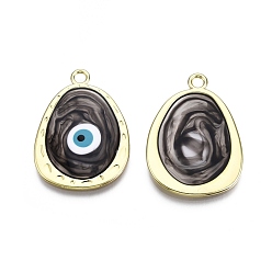 Black Alloy Enamel Pendants, Golden, Teardrop with Evil Eye, Black, 40x29x3mm, Hole: 3.2mm