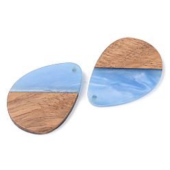 Cornflower Blue Opaque Resin & Walnut Wood Pendants, Teardrop, Cornflower Blue, 35.5x26x3mm, Hole: 2mm