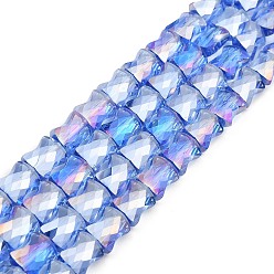 Royal Blue AB Color Plated Transparent Glass Beads Strands, Faceted Bamboo Stick, Royal Blue, 10.5~11x8x5mm, Hole: 1mm, about 59~60pcs/strand, 24.41~24.80''(62~63cm)
