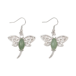 Green Aventurine Natural Green Aventurine Dragonfly Dangle Earrings, Platinum Brass Earrings, 47x30mm