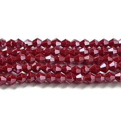 Rojo Oscuro Hebras de cuentas de vidrio electrochapado de color sólido opaco, lustre de la perla chapado, facetados, bicono, de color rojo oscuro, 4x4 mm, agujero: 0.8 mm, sobre 87~98 unidades / cadena, 12.76~14.61 pulgada (32.4~37.1 cm)