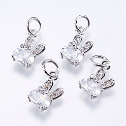 Real Platinum Plated Brass Micro Pave Cubic Zirconia Bunny Charms, Cadmium Free & Lead Free, Rabbit, Real Platinum Plated, 12x6x2.5mm, Hole: 3mm