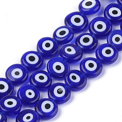 Azul Hechos a mano de perlas de mal de ojo de cristal de murano hebras, plano y redondo, azul, 9.5x3.5 mm, agujero: 1.2 mm, sobre 38 unidades / cadena, 14.1 pulgada ~ 14.5 pulgada
