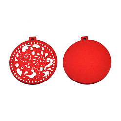 Red Christmas Spray Painted Wood Big Pendants, with Single-Sided Printed, Flat Round Charm with Floral Pattern, Red, 59x55x2.5mm, Hole: 3mm
