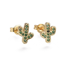 Green Brass Micro Pave Cubic Zirconia Stud Earrings, Cactus, Golden, Green, 9x7.5x1.7mm, Pin: 0.7mm