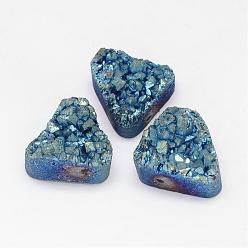 со Синим Покрытием Гальванические натуральный druzy кварцевые шарики, треугольные, с покрытием синим, 14x16x6~12 мм, отверстие : 1.5 мм